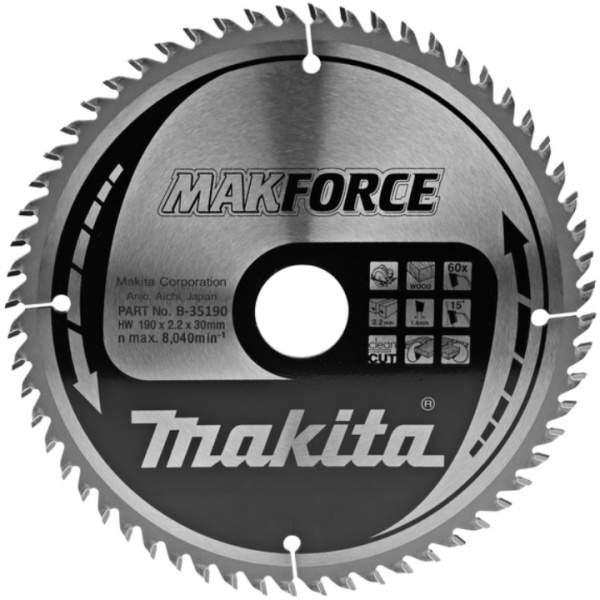 Диск пильный для дерева Makforce, 190x2.2x30\20\15.88, 60T, ATAF Makita B-35190