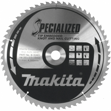 Диск пильный для дерева с гвоздями, HW, 355х3.0х30 мм, 60T, ATB Makita A-81854