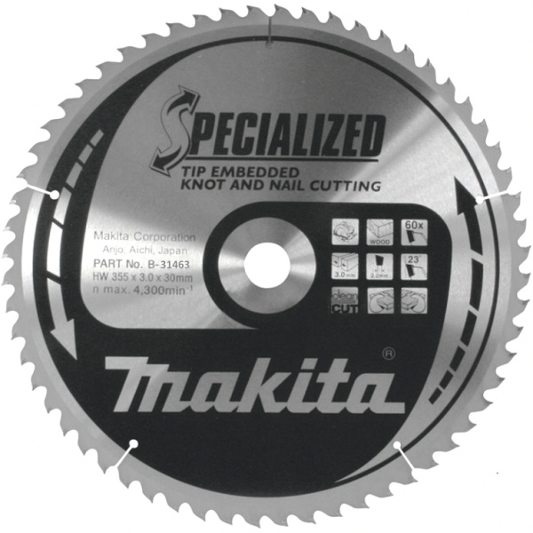 Диск пильный для дерева с гвоздями, HW, 355х3.0х30 мм, 60T, ATB Makita A-81854