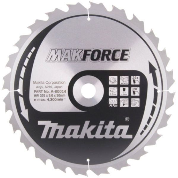 Диск пильный для дерева, 355х3.0х30, 20T, ATB, Makforce Makita A-80014