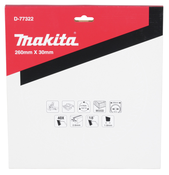 Пильный диск по дереву 260х2.6х30, 40T, 18G Makita D-77322