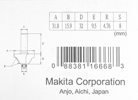 Кромочная калевочная фреза 4.76R, 31.8х15.9, S8, 2T Makita D-11645