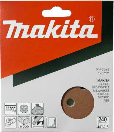 Диск шлифовальный 8 отверстий коричневый D125 мм, K240, 10 шт. Makita P-43599