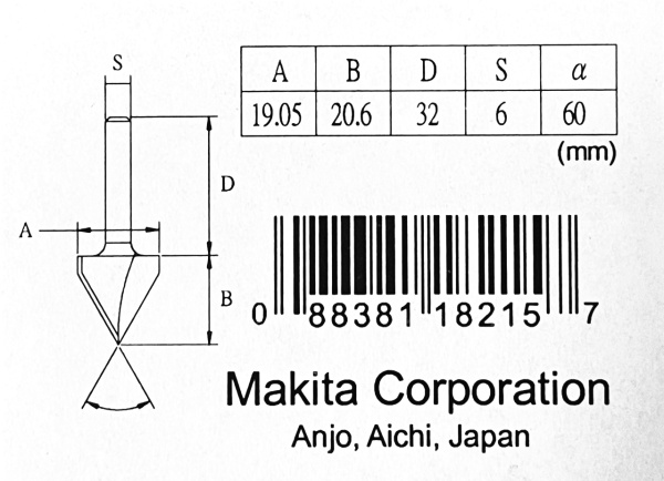 Фреза пазовая V-образная 60° 19.05х20.6, S6, 2T Makita D-09391