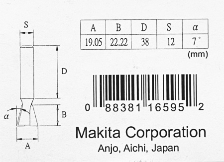 Фреза Ласточкин хвост 7°, 19.05х22.22, S12, 2T Makita D-10914